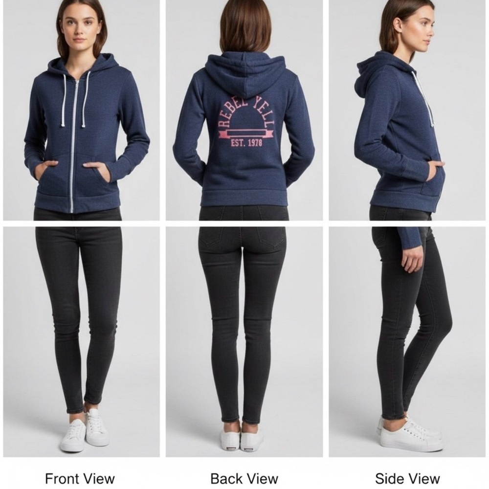 Rebel Yell Vintage-Style Zip-Up Hoodie | Navy Blue | Size Small